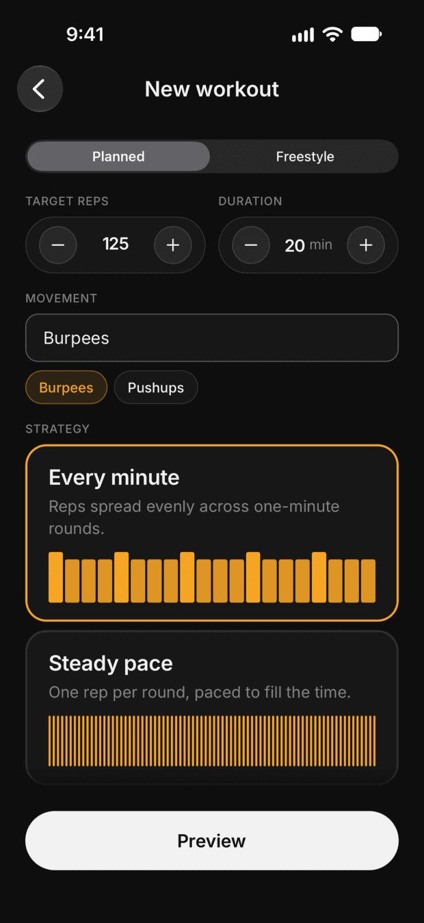 Workrate burpee timer setup: a rep target, a time budget, and a movement tag
